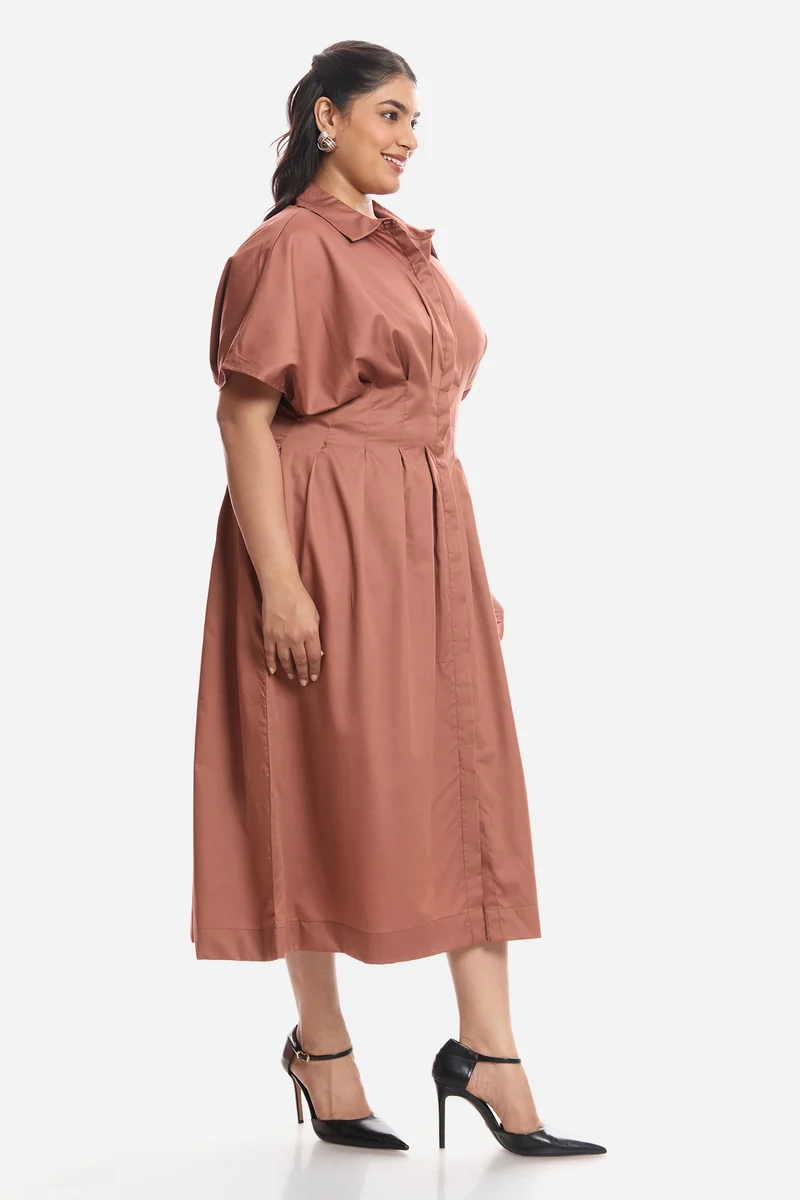 Tara|100% Viscose Pleated Button Shirt Dress