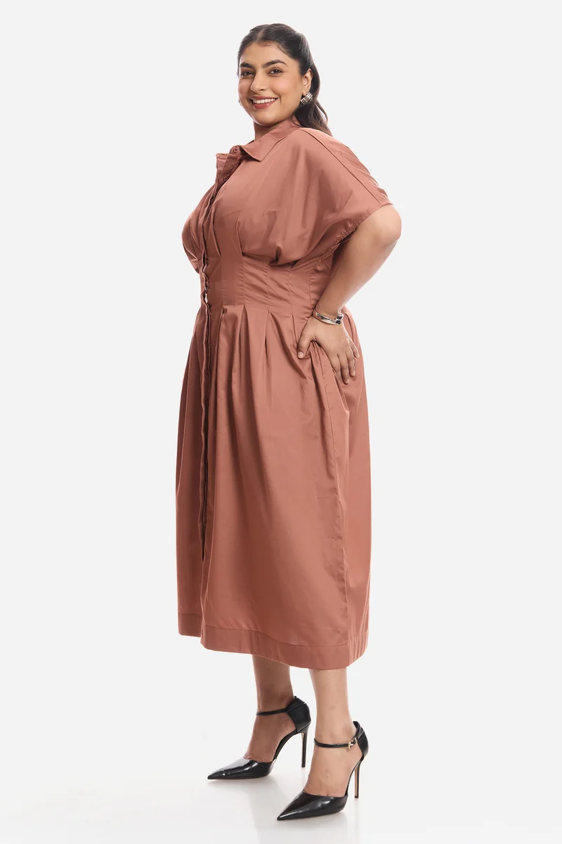 Tara|100% Viscose Pleated Button Shirt Dress