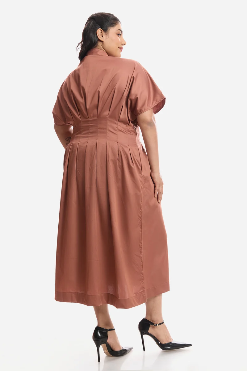 Tara|100% Viscose Pleated Button Shirt Dress