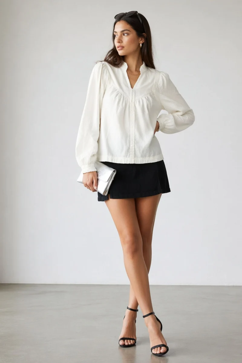 Braisy|100% Cotton Gathered Yoke Boxy Denim Top