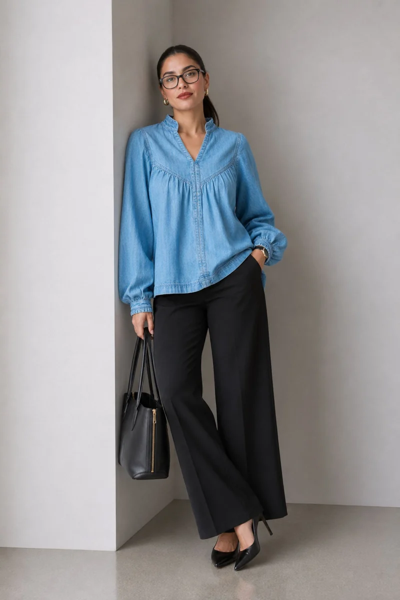 Emol|100% Cotton Gathered Yoke Boxy Denim Top