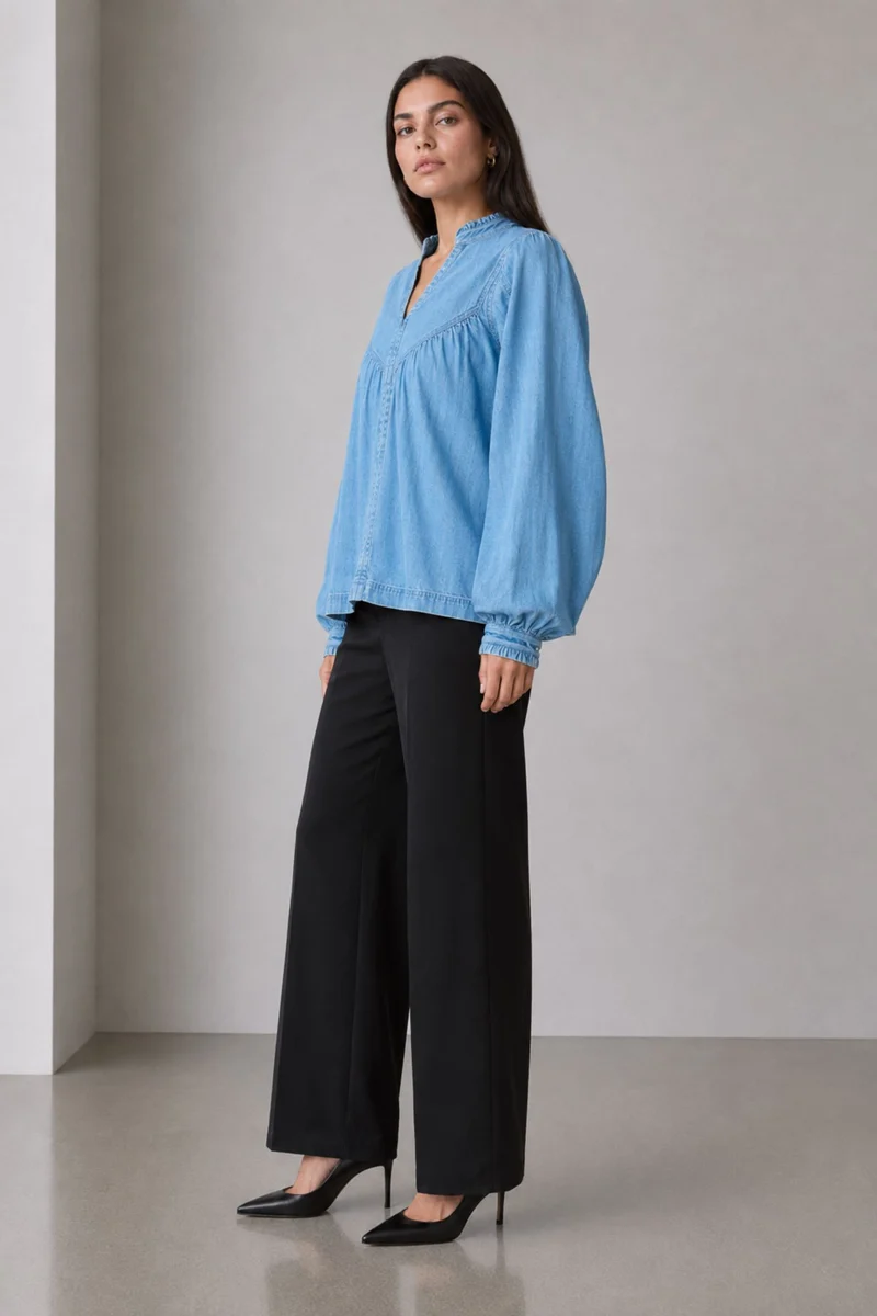 Emol|100% Cotton Gathered Yoke Boxy Denim Top