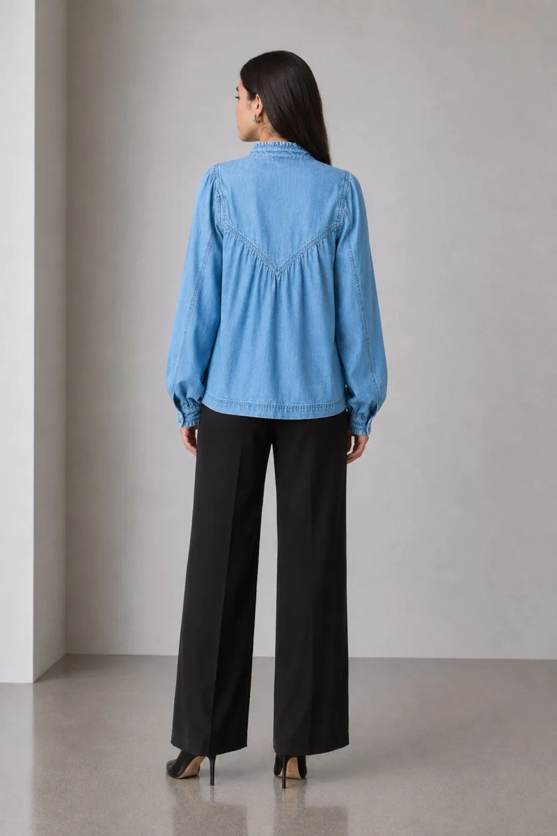 Emol|100% Cotton Gathered Yoke Boxy Denim Top