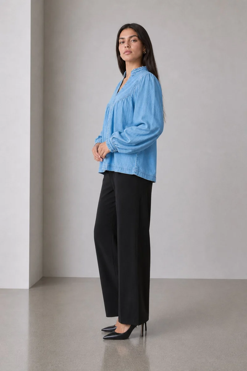 Emol|100% Cotton Gathered Yoke Boxy Denim Top