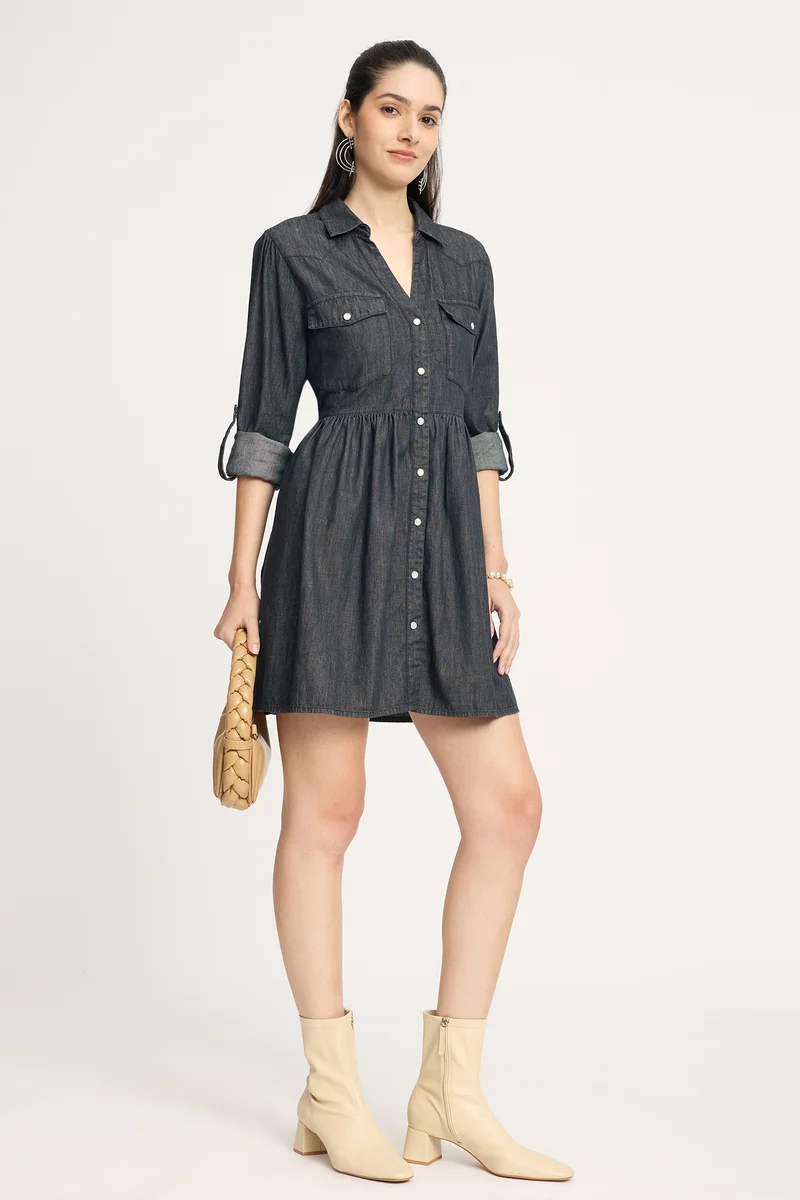 Branny|100% Cotton Relaxed Denim Shirt Mini Dress
