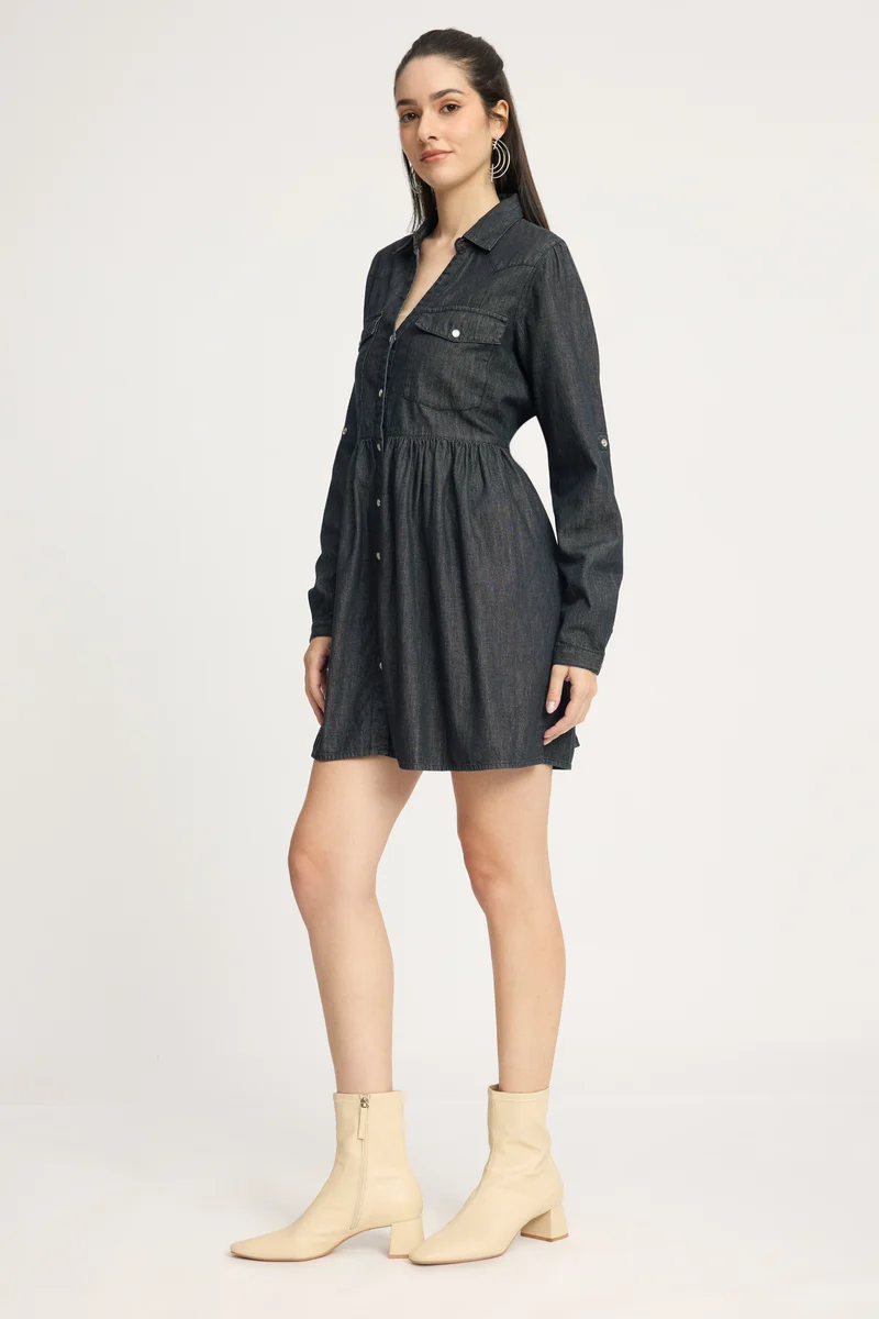 Branny|100% Cotton Relaxed Denim Shirt Mini Dress