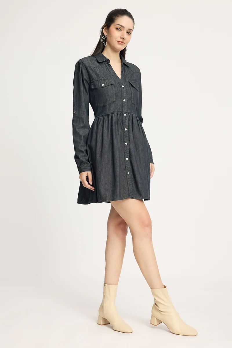 Branny|100% Cotton Relaxed Denim Shirt Mini Dress