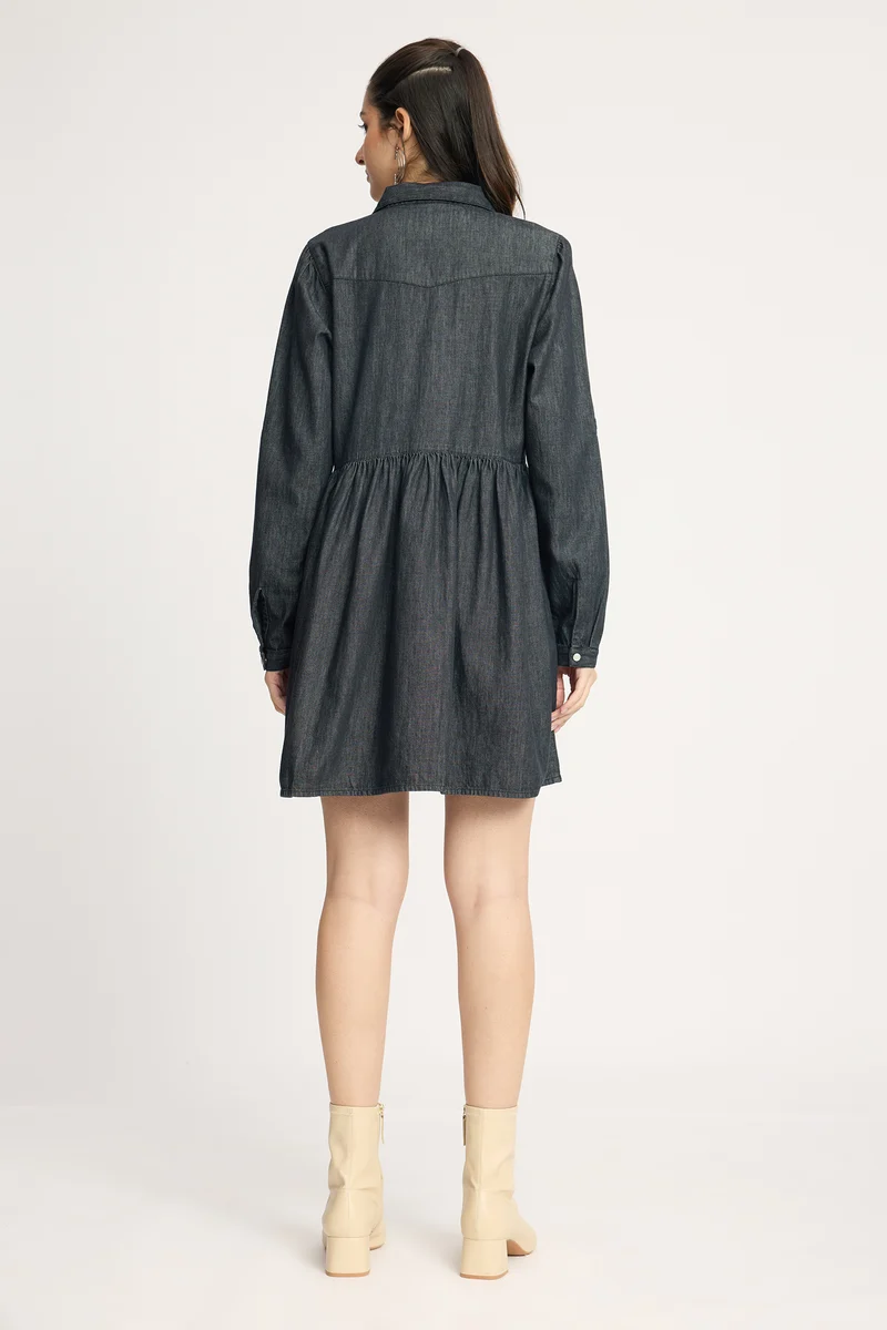 Branny|100% Cotton Relaxed Denim Shirt Mini Dress