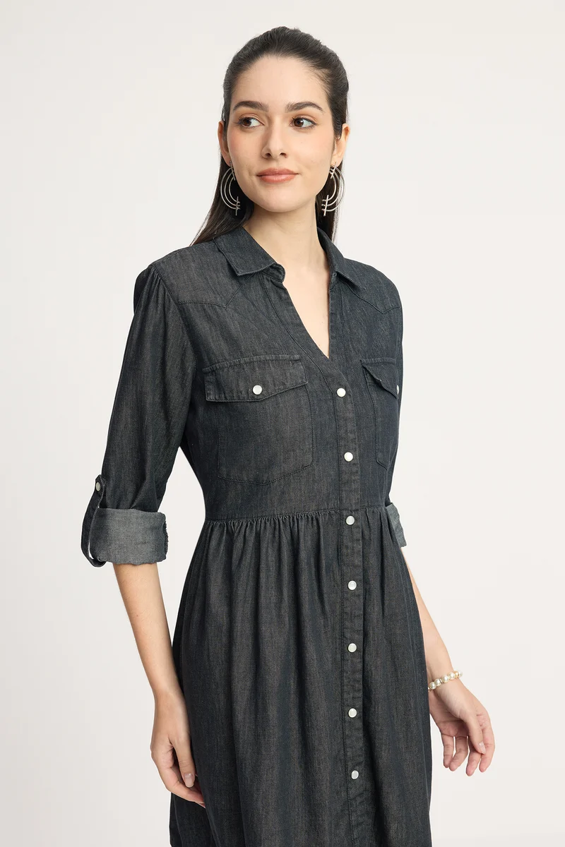 Branny|100% Cotton Relaxed Denim Shirt Mini Dress