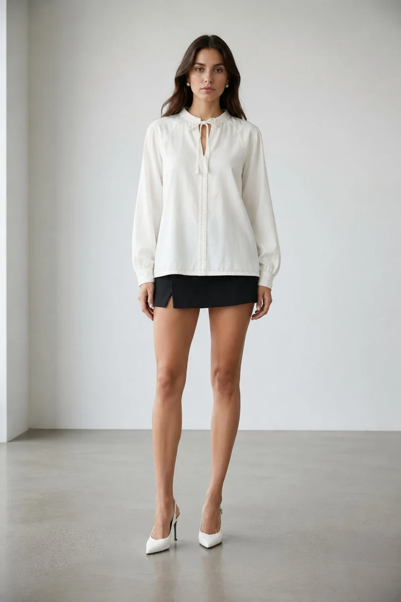 Akanae|100% Cotton Mandarin Collar Denim Top