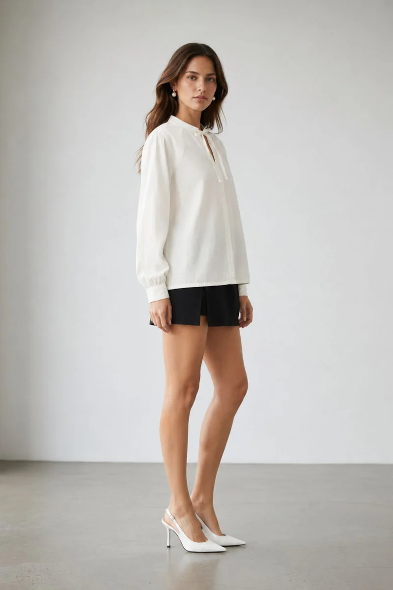 Akanae|100% Cotton Mandarin Collar Denim Top