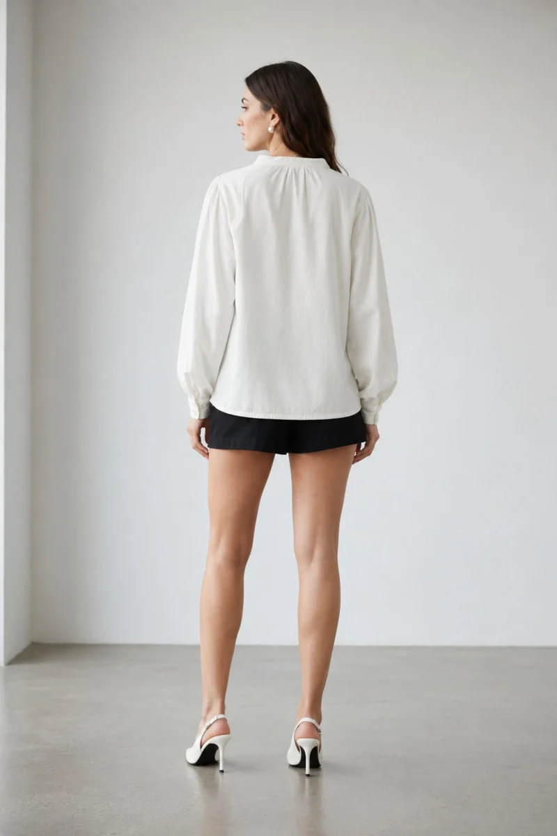 Akanae|100% Cotton Mandarin Collar Denim Top