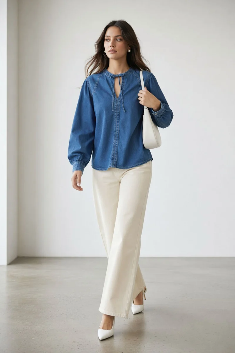 Akanuk|100% Cotton Mandarin Collar Denim Top