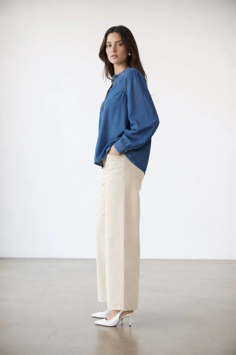 Akanuk|100% Cotton Mandarin Collar Denim Top