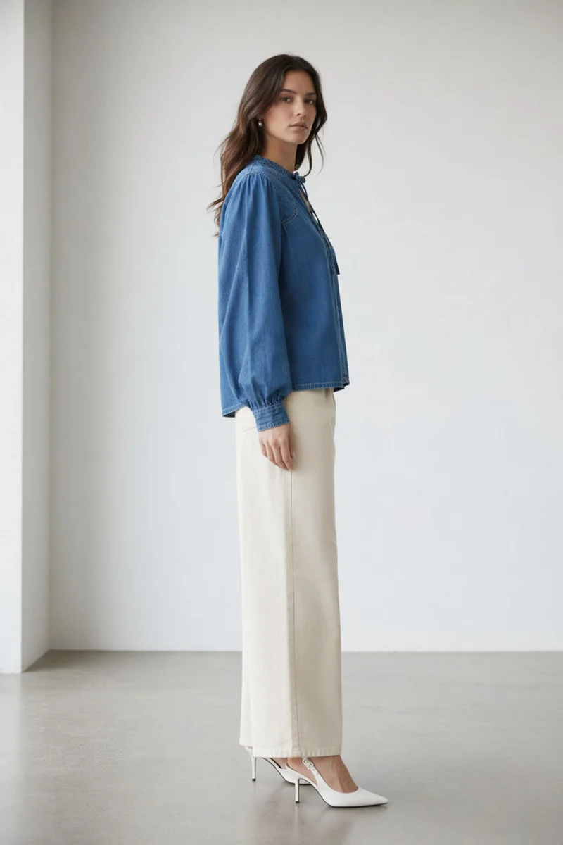 Akanuk|100% Cotton Mandarin Collar Denim Top