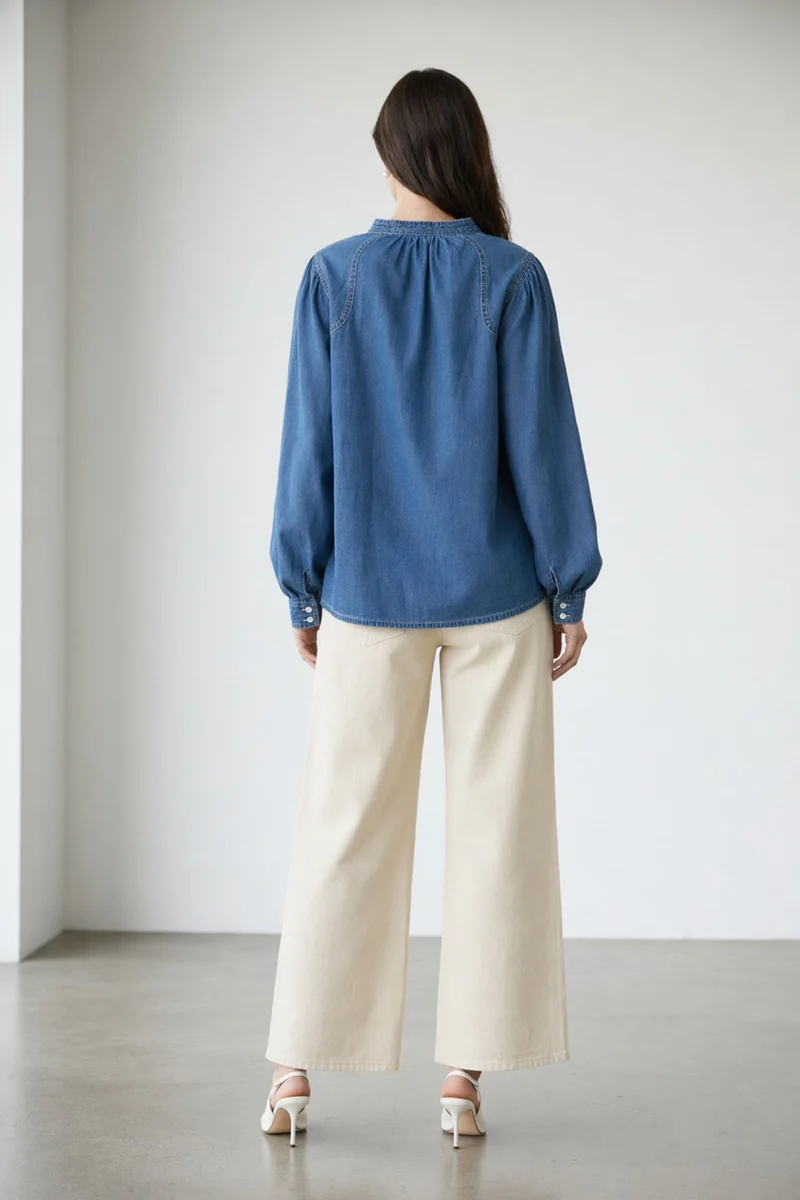 Akanuk|100% Cotton Mandarin Collar Denim Top