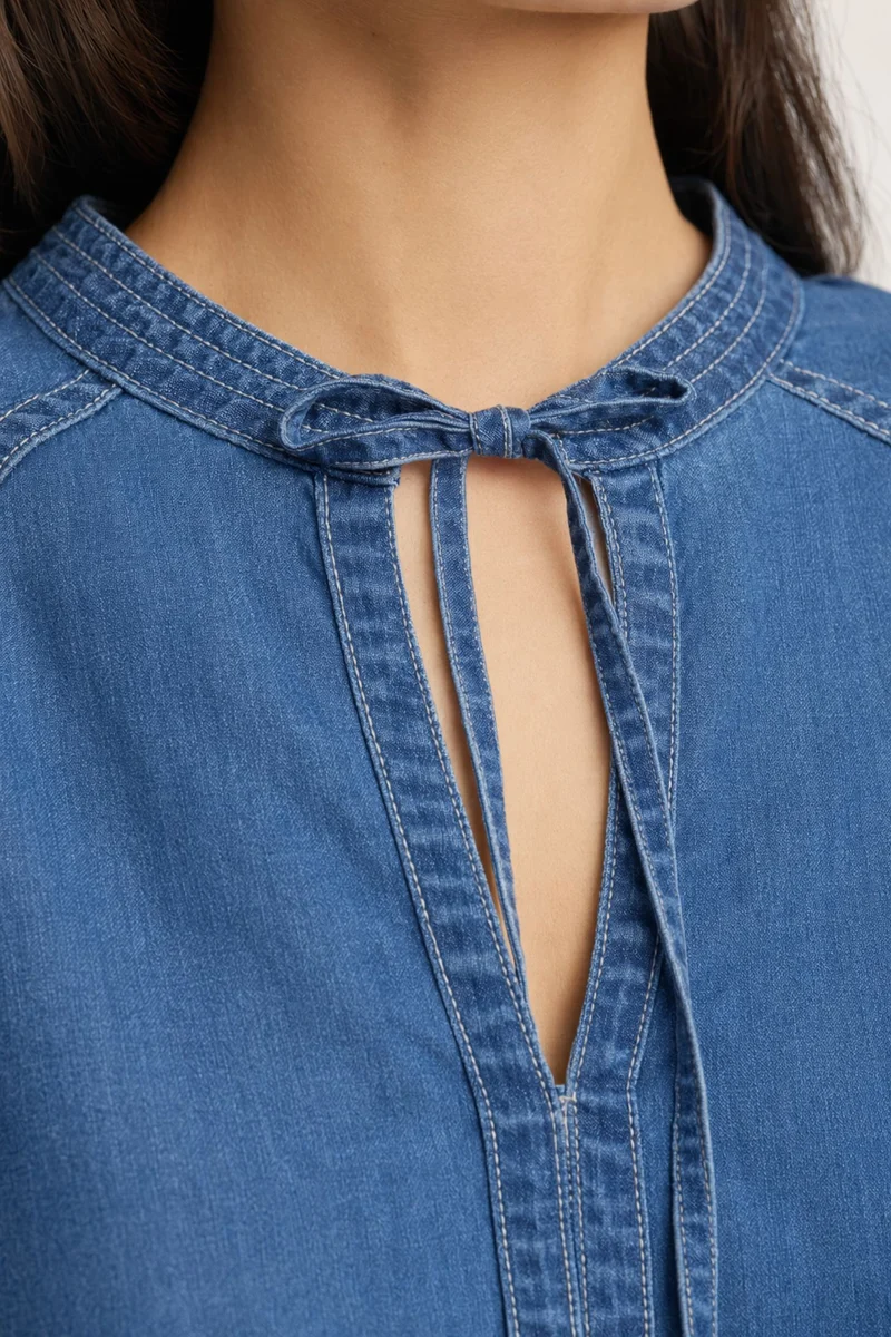 Akanuk|100% Cotton Mandarin Collar Denim Top