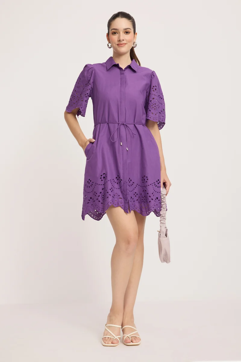 Majaga|100% Cotton Schiffli Mini Shirt Dress