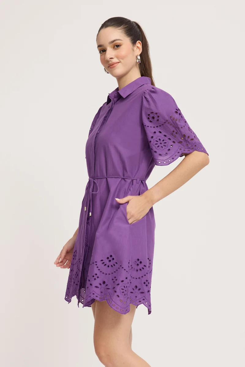 Majaga|100% Cotton Schiffli Mini Shirt Dress
