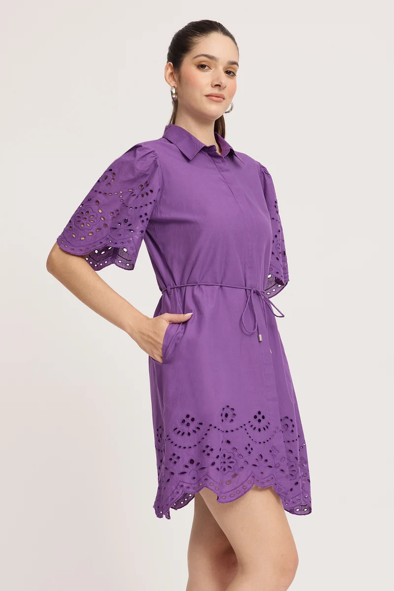 Majaga|100% Cotton Schiffli Mini Shirt Dress