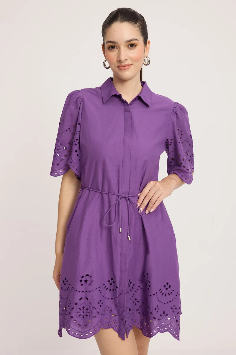 Majaga|100% Cotton Schiffli Mini Shirt Dress