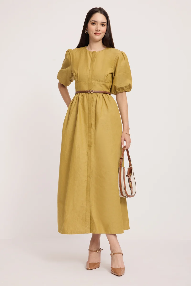 Shisha|100% Cotton Puff Sleeves Maxi Shirt Dress