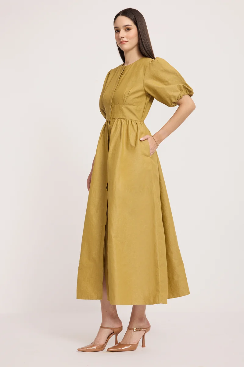 Shisha|100% Cotton Puff Sleeves Maxi Shirt Dress