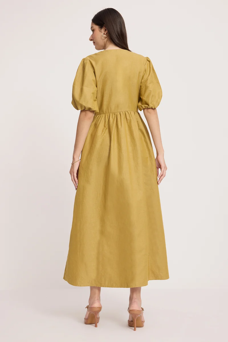 Shisha|100% Cotton Puff Sleeves Maxi Shirt Dress