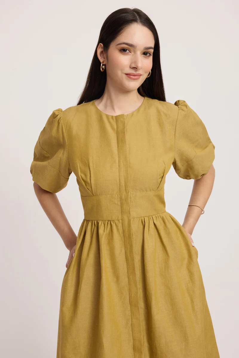 Shisha|100% Cotton Puff Sleeves Maxi Shirt Dress