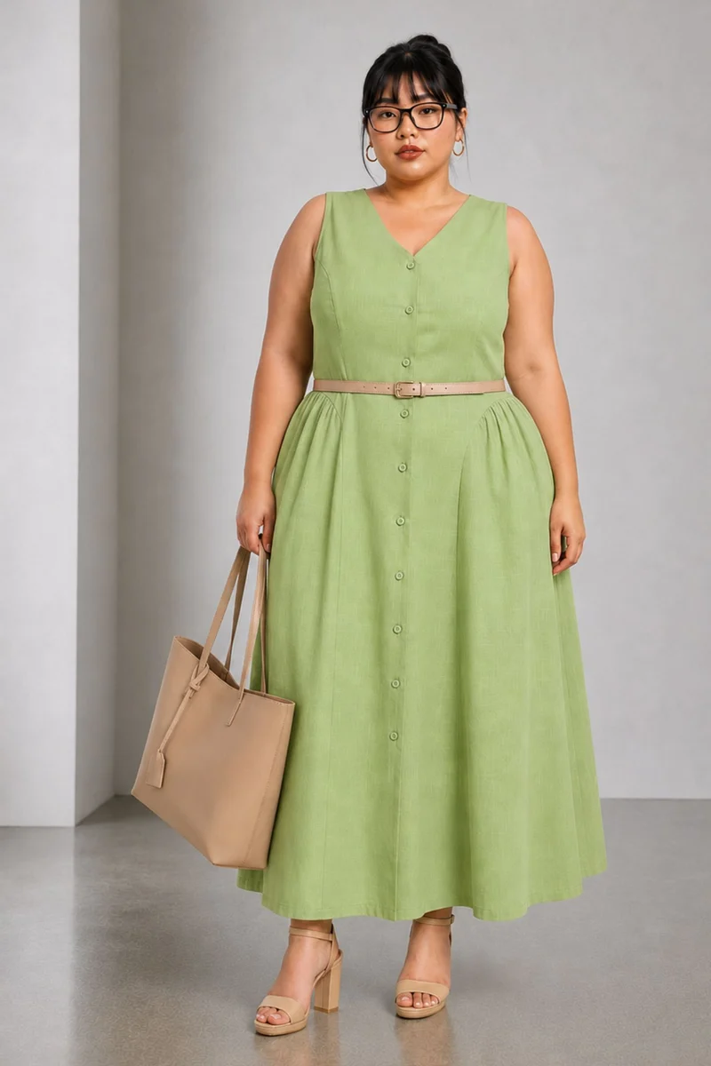 Roili|100% Cotton V Neck Midaxi Shirt Dress