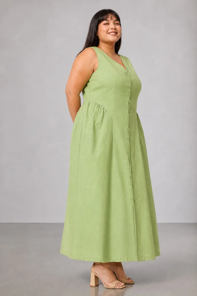 Roili|100% Cotton V Neck Midaxi Shirt Dress