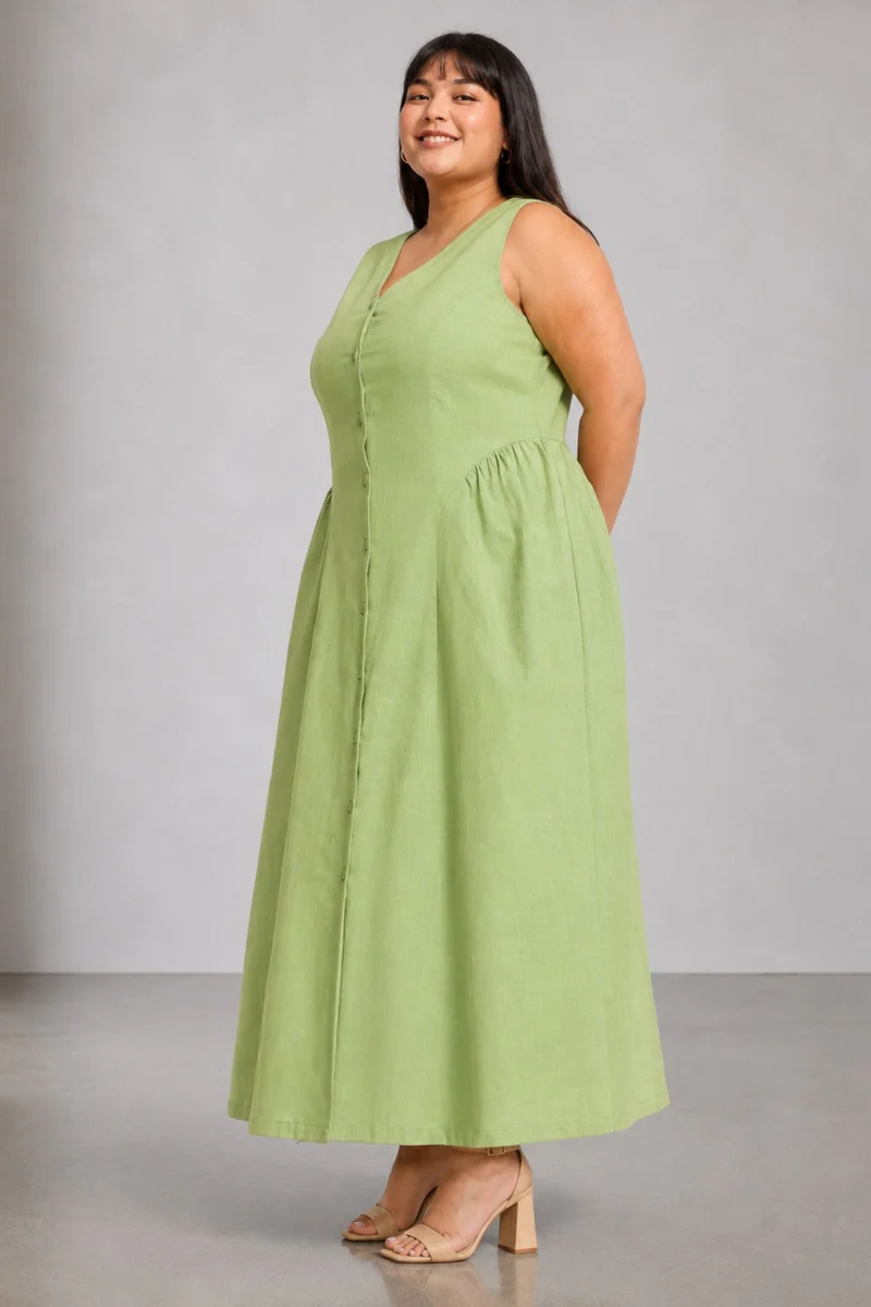 Roili|100% Cotton V Neck Midaxi Shirt Dress