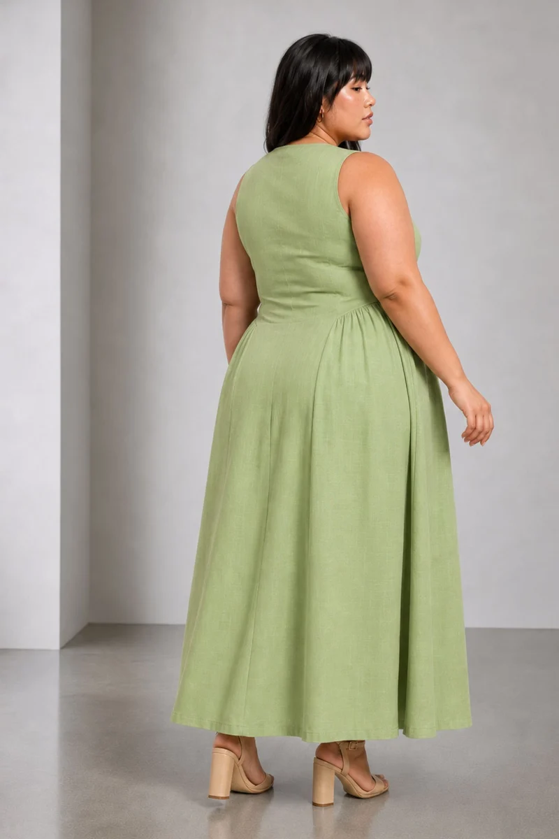 Roili|100% Cotton V Neck Midaxi Shirt Dress