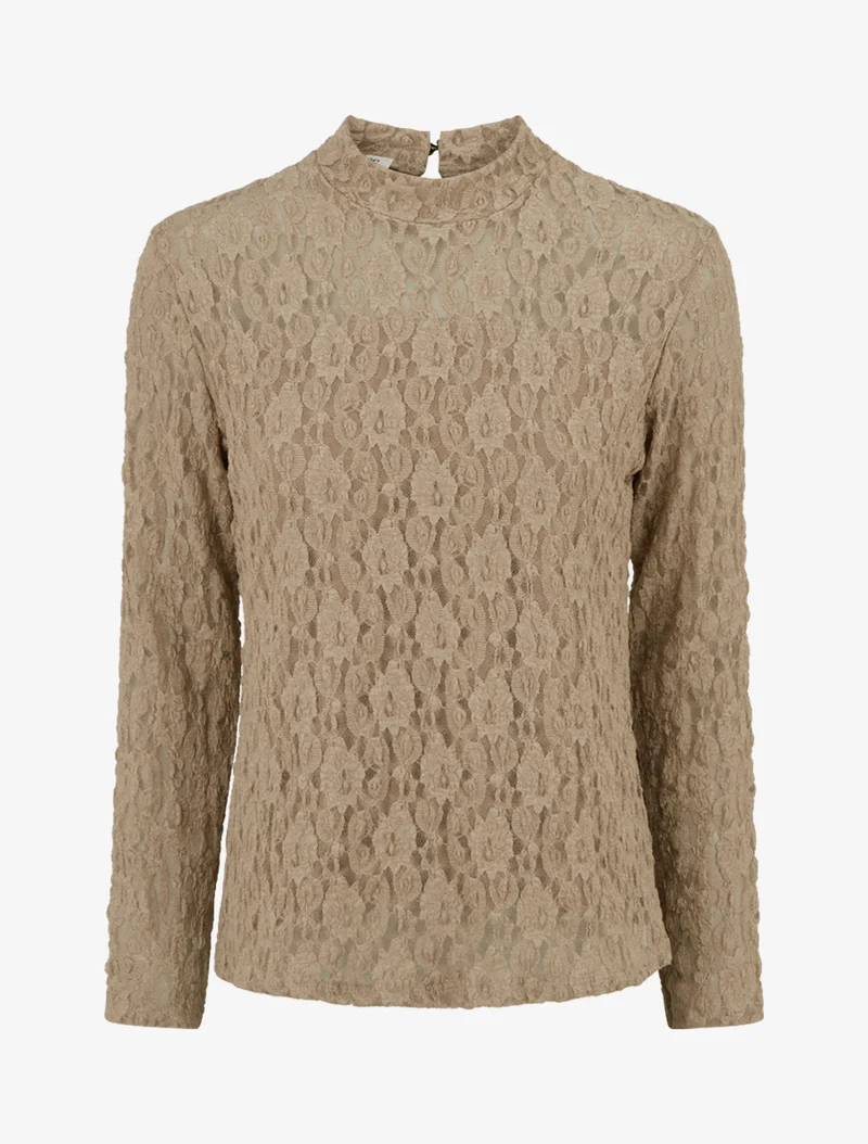 Top en dentelle à manches longues - Beige