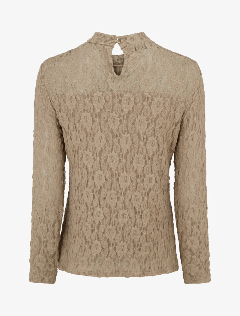 Top en dentelle à manches longues - Beige