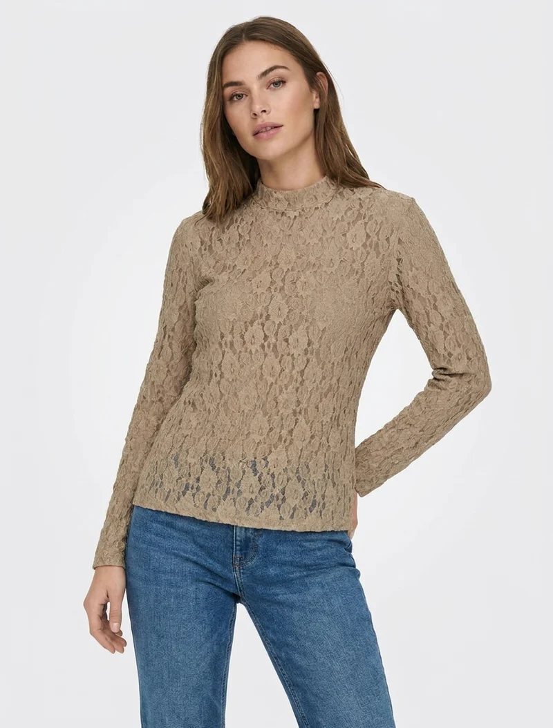 Top en dentelle à manches longues - Beige