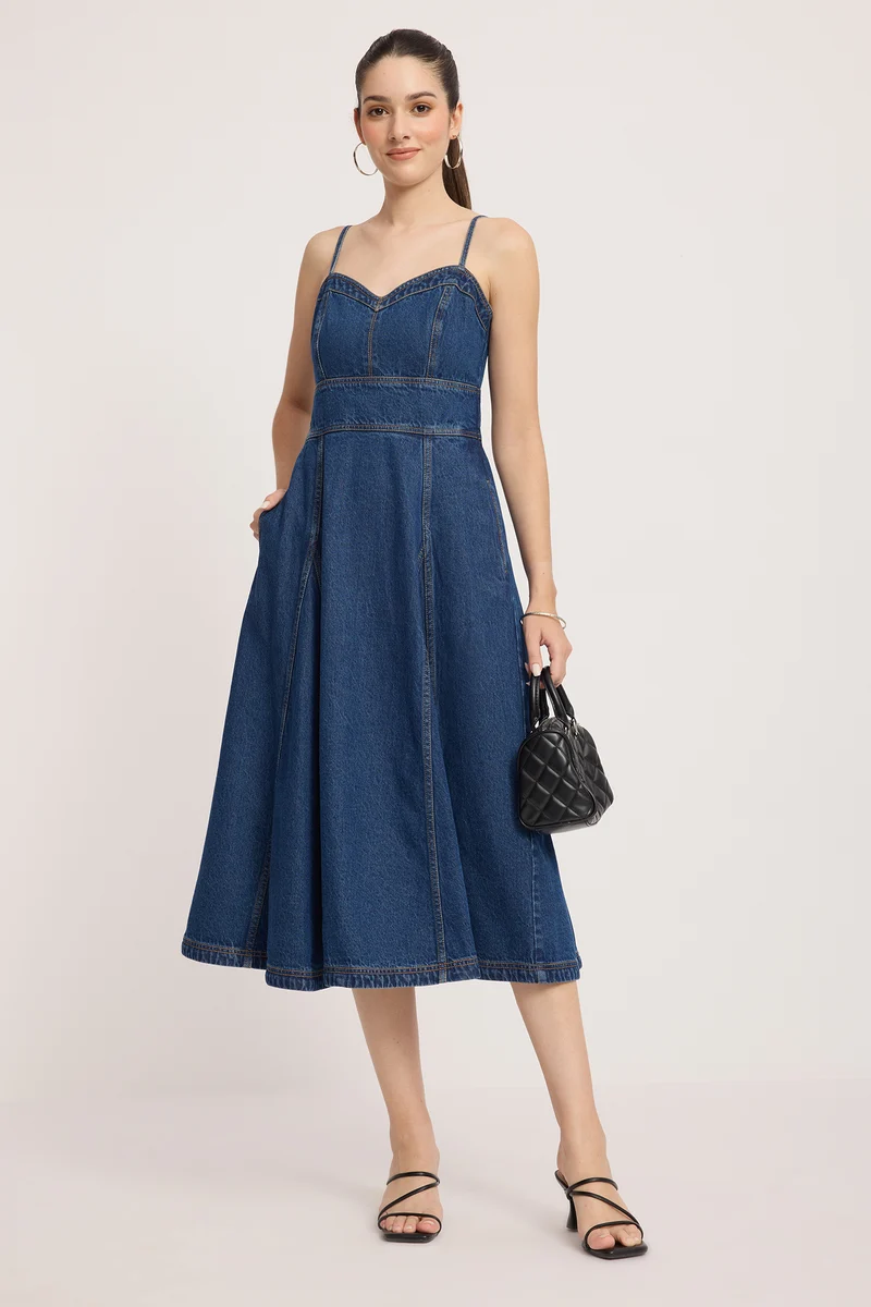Affru|100% Cotton Denim Midi Dress