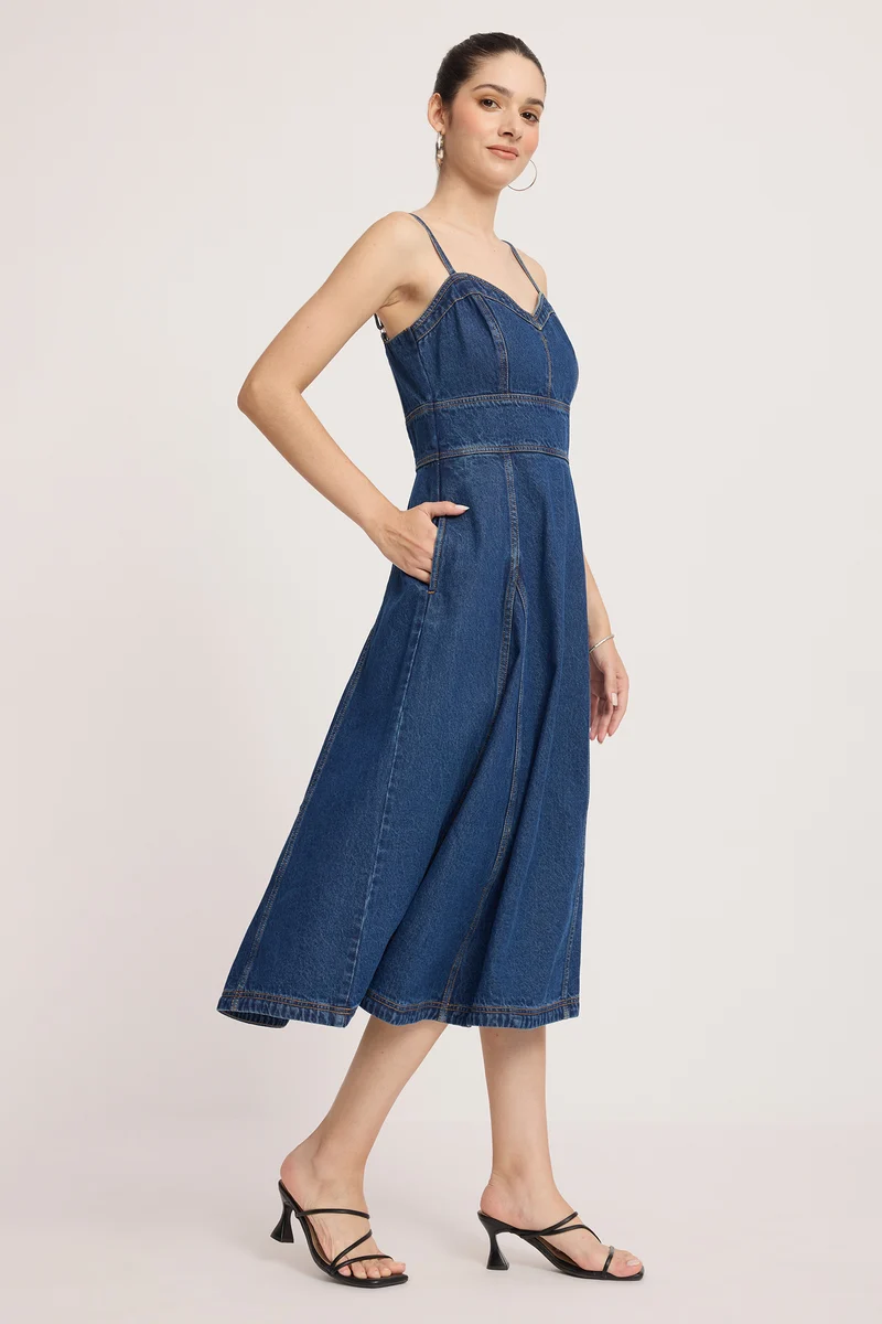 Affru|100% Cotton Denim Midi Dress