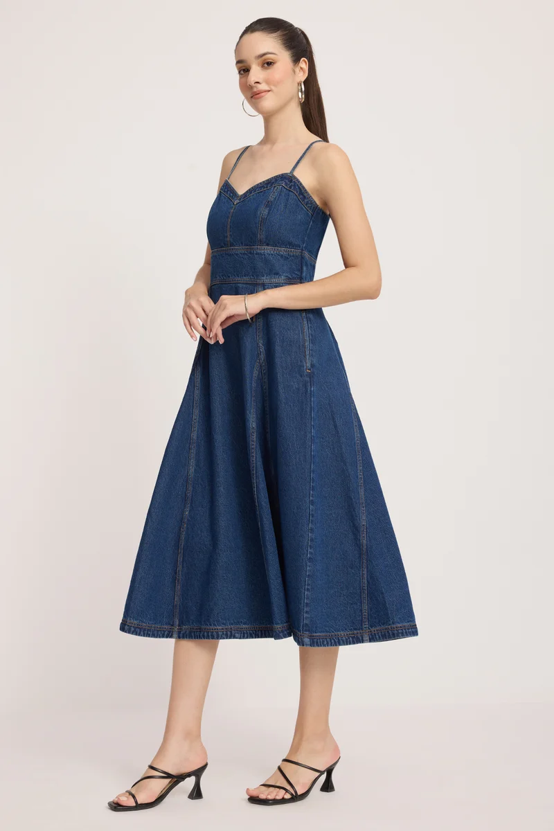 Affru|100% Cotton Denim Midi Dress