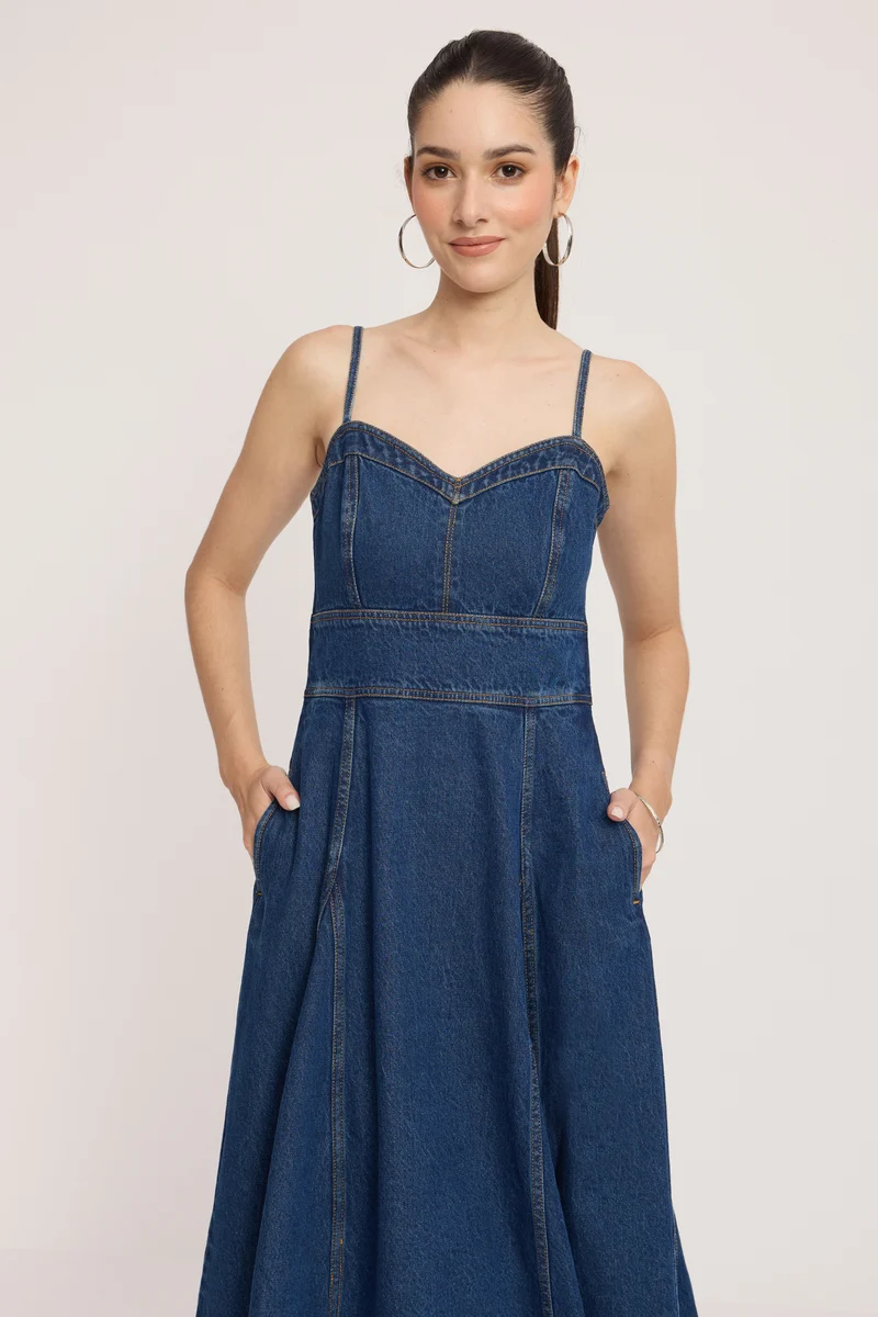 Affru|100% Cotton Denim Midi Dress
