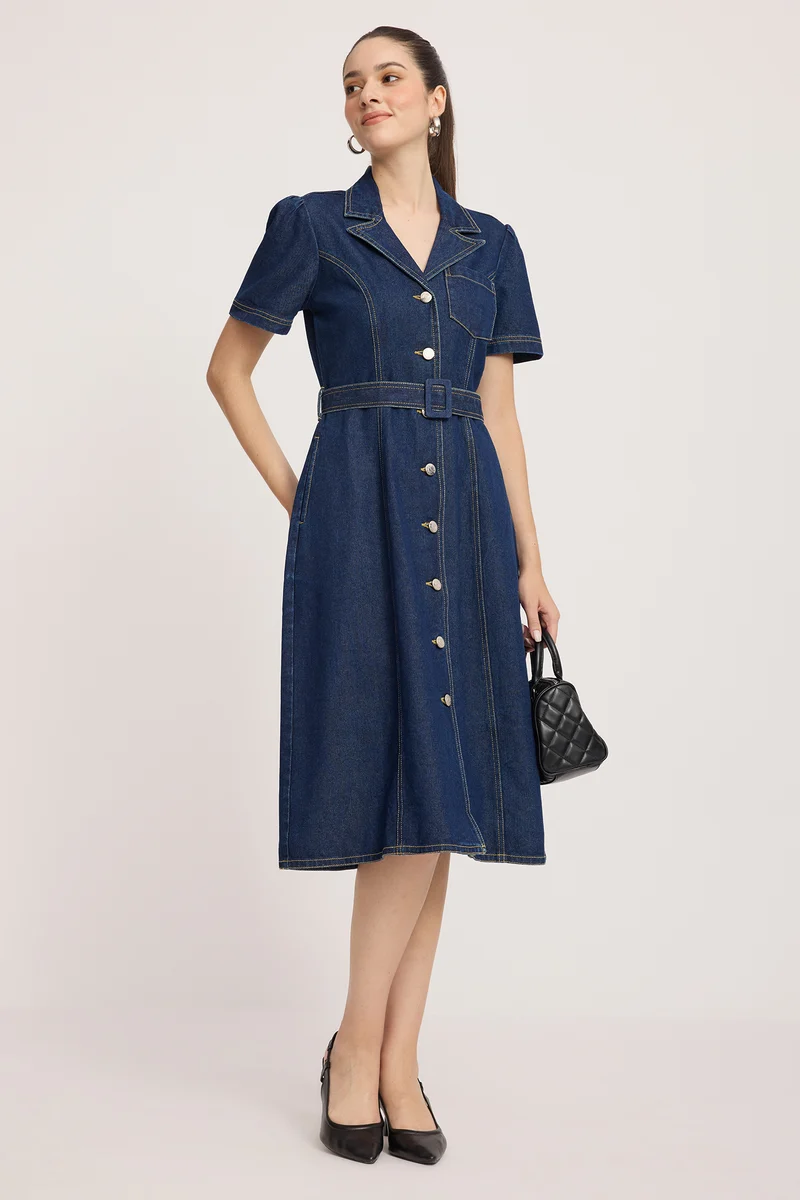 Dinnu|100% Cotton Denim Midi Dress