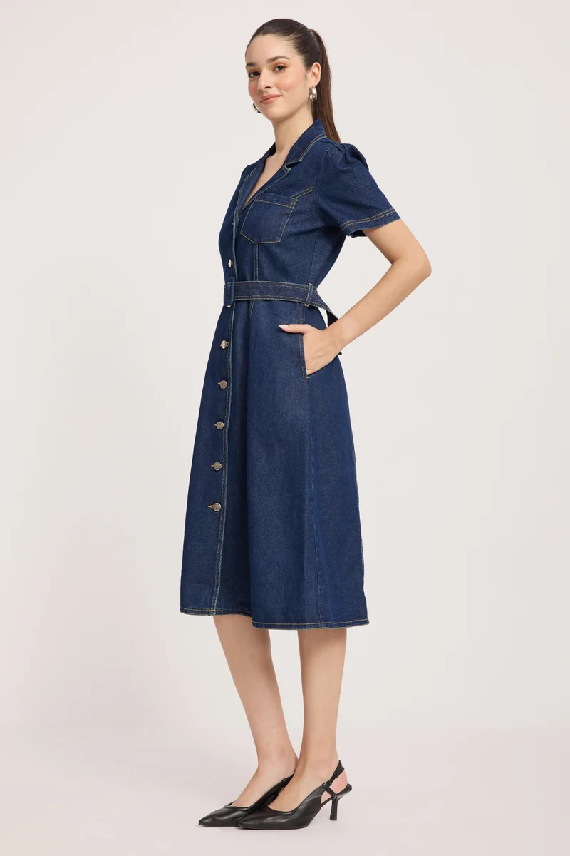 Dinnu|100% Cotton Denim Midi Dress
