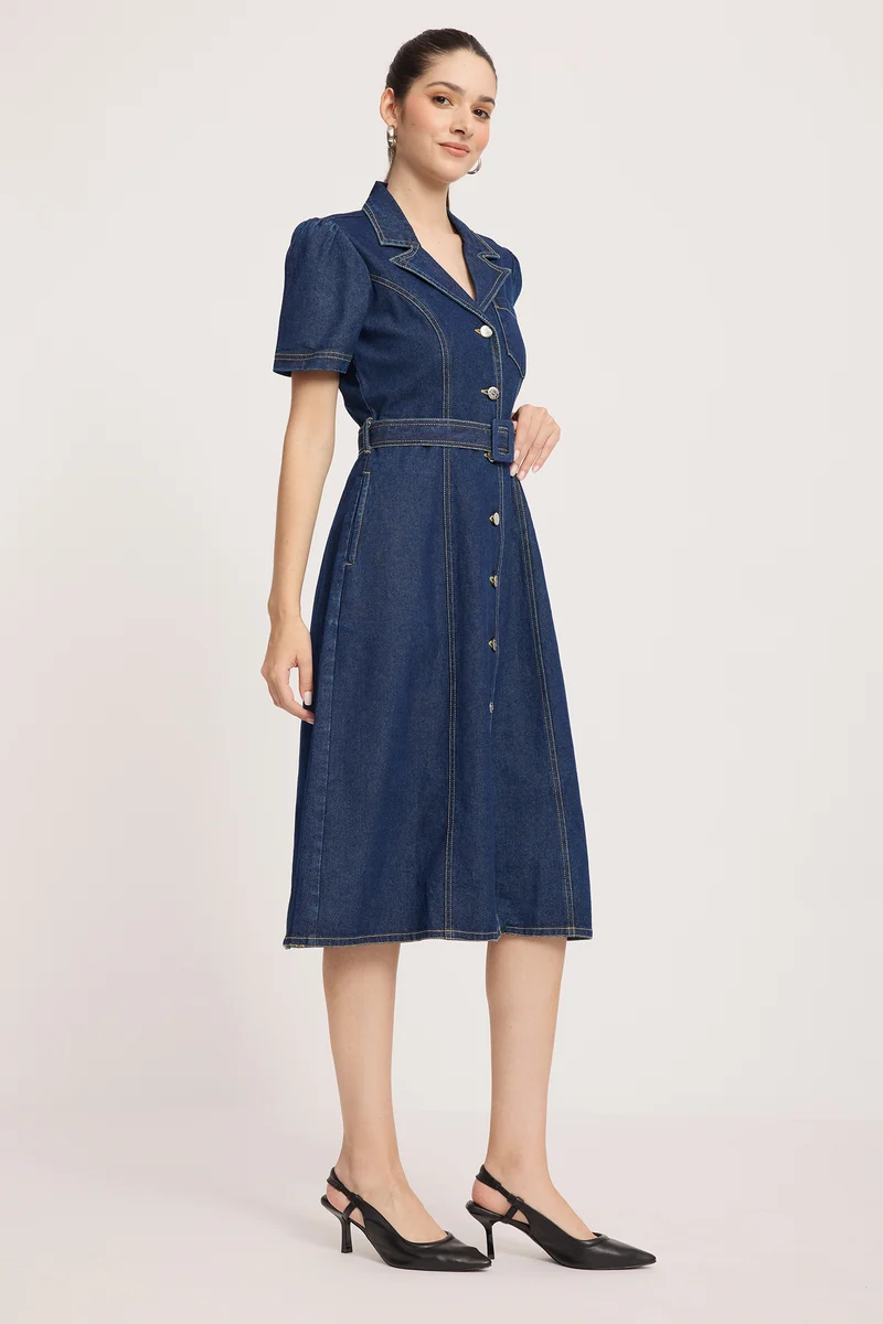 Dinnu|100% Cotton Denim Midi Dress