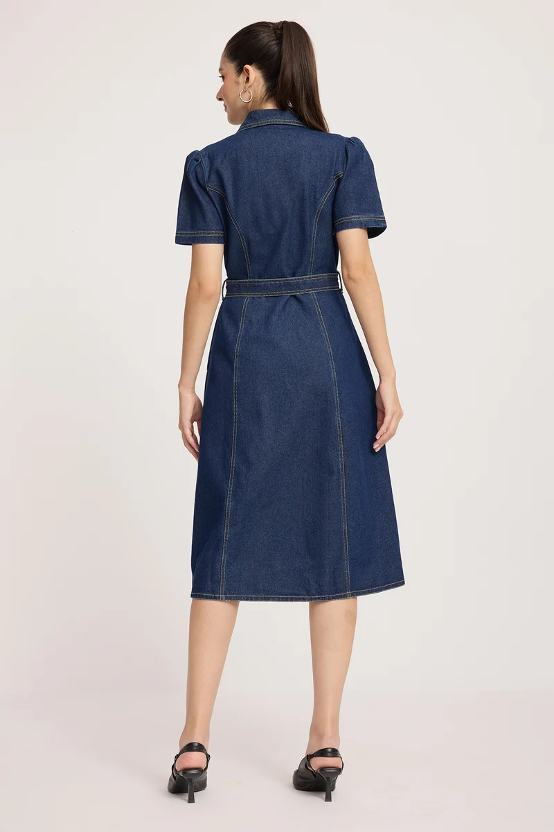 Dinnu|100% Cotton Denim Midi Dress
