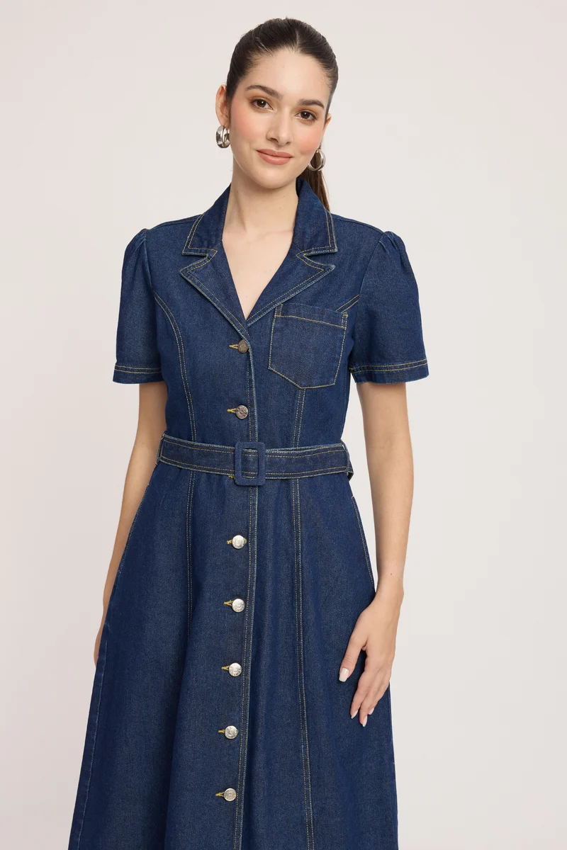 Dinnu|100% Cotton Denim Midi Dress