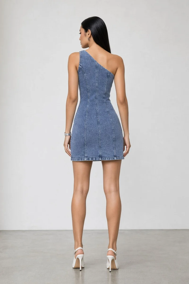 Nanni|100% Cotton Denim One Shoulder Dress