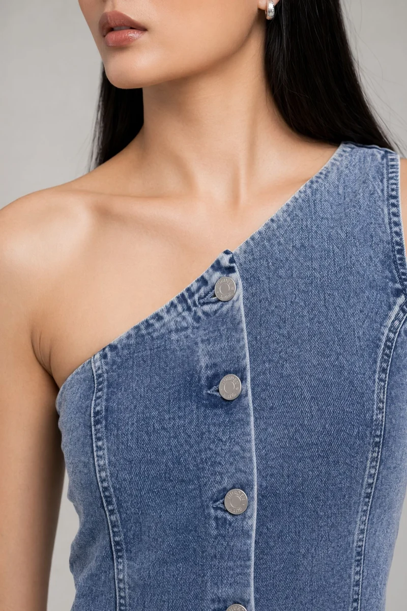 Nanni|100% Cotton Denim One Shoulder Dress