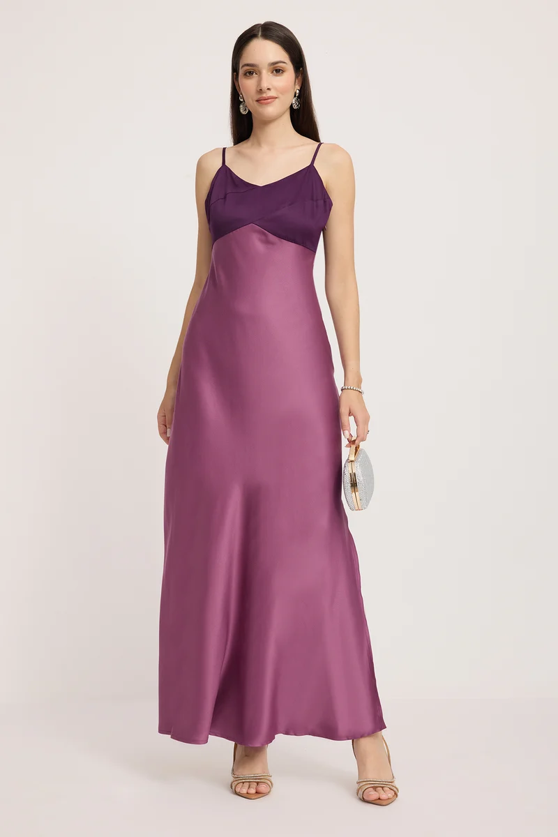 Kavra|100% Cotton Contrast Paneled Maxi Dress