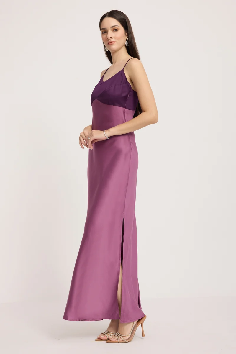 Kavra|100% Cotton Contrast Paneled Maxi Dress