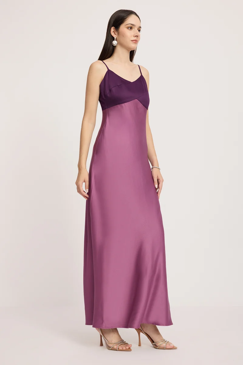 Kavra|100% Cotton Contrast Paneled Maxi Dress
